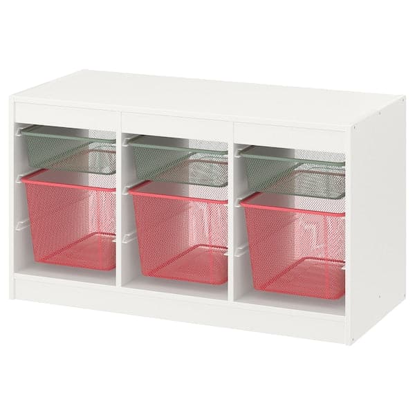 TROFAST - Storage combination with boxes, white light green-grey/light red, 99x44x56 cm - best price from Maltashopper.com 49480319