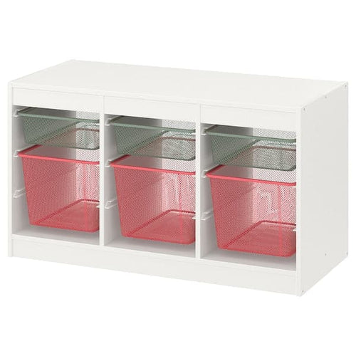 TROFAST - Storage combination with boxes, white light green-grey/light red, 99x44x56 cm