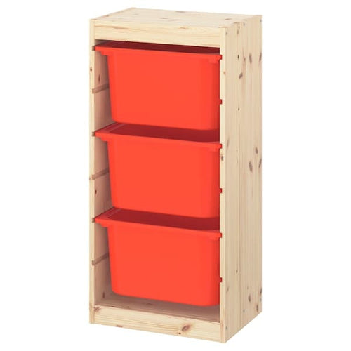 TROFAST - Storage combination with boxes, light white stained pine/orange , 44x30x91 cm