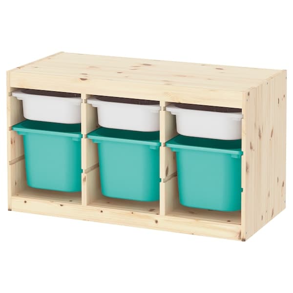TROFAST - Storage combination with boxes, light white stained pine white/turquoise, 93x44x52 cm - best price from Maltashopper.com 39328775