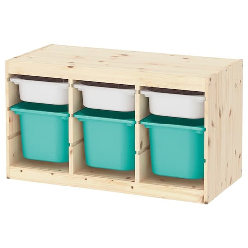 TROFAST - Storage combination with boxes, light white stained pine white/turquoise, 93x44x52 cm