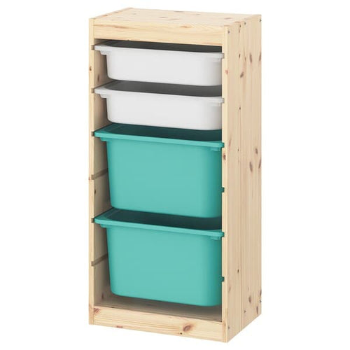 TROFAST - Storage combination with boxes, light white stained pine white/turquoise, 44x30x91 cm