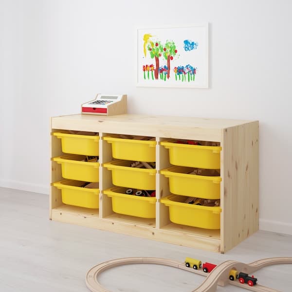 TROFAST - Storage combination with boxes, light white stained pine/yellow,  93x44x52 cm