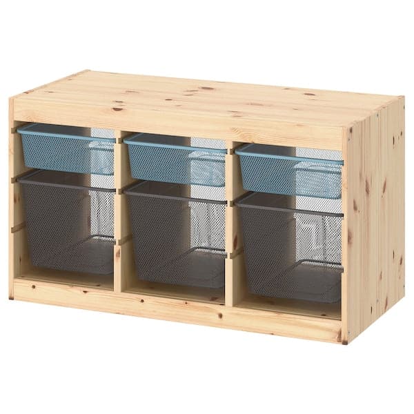 Ikea TROFAST - Storage combination with boxes, light white stained pine grey-blue/dark grey, 93x44x52 cm