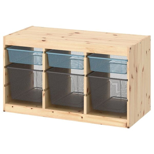TROFAST - Storage combination with boxes, light white stained pine grey-blue/dark grey, 93x44x52 cm