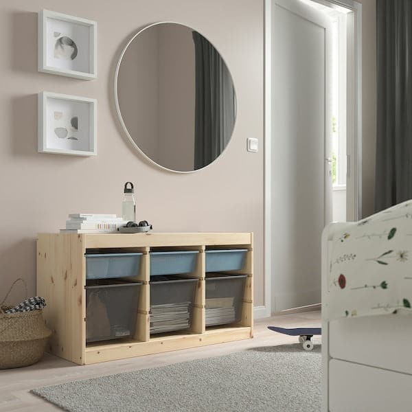 Ikea TROFAST - Storage combination with boxes, light white stained pine grey-blue/dark grey, 93x44x52 cm