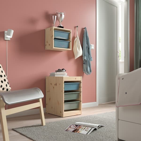 Ikea TROFAST - Storage combination with boxes, light white stained pine grey-blue/light green-grey, 32x44x52 cm
