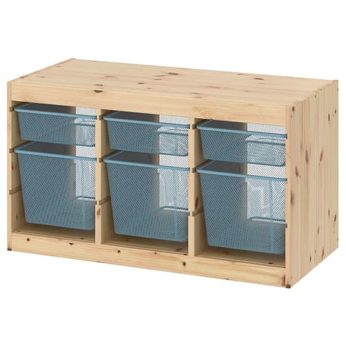 TROFAST - Storage combination with boxes, light white stained pine/grey-blue, 93x44x52 cm
