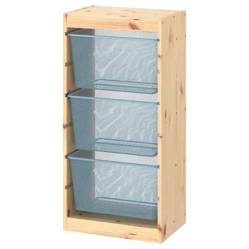 TROFAST - Storage combination with boxes, light white stained pine/grey-blue, 44x30x91 cm