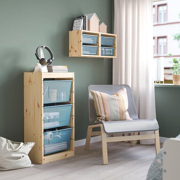 Ikea TROFAST - Storage combination with boxes, light white stained pine/grey-blue, 44x30x91 cm