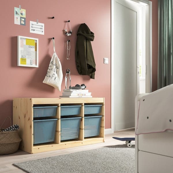 TROFAST - Storage combination with boxes, light white stained pine/grey-blue, 93x44x52 cm - best price from Maltashopper.com 39480843