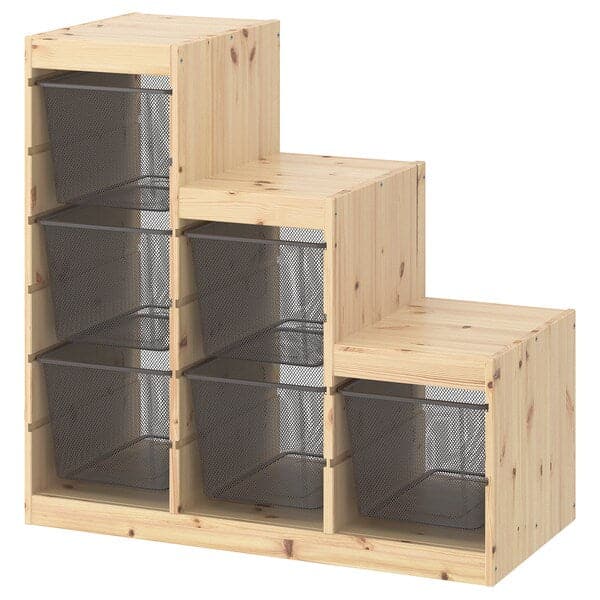 TROFAST - Storage combination with boxes, light white stained pine/dark grey, 94x44x91 cm - best price from Maltashopper.com 39477973