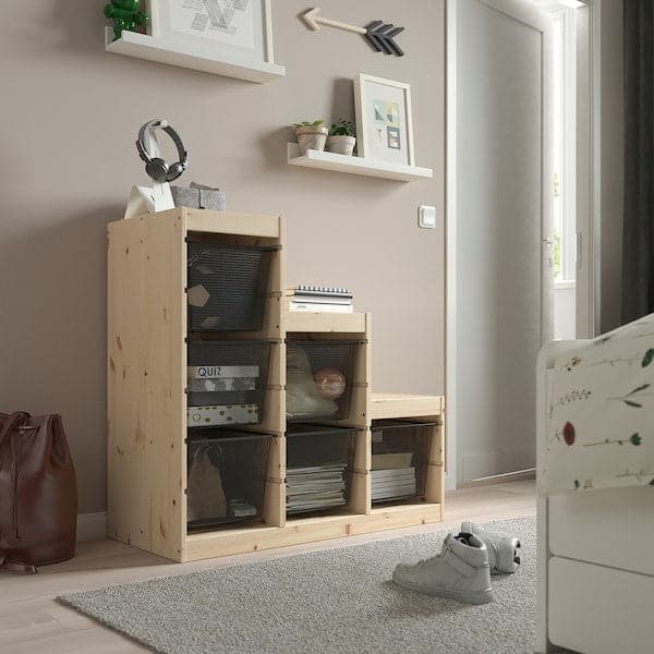 TROFAST - Storage combination with boxes, light white stained pine/dark grey, 94x44x91 cm - best price from Maltashopper.com 39477973