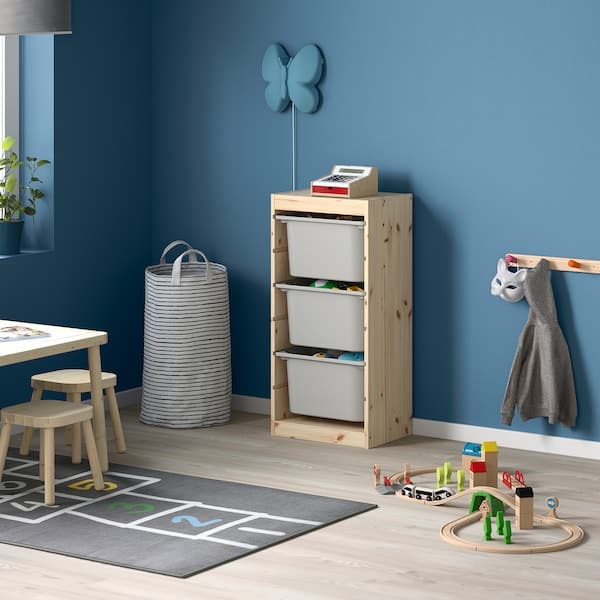 Ikea TROFAST - Storage combination with boxes, light white stained pine/grey, 44x30x91 cm