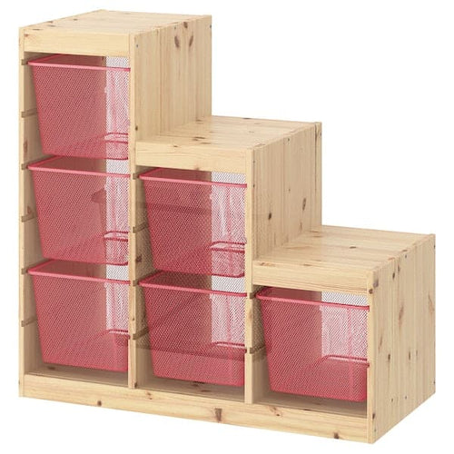 TROFAST - Storage combination with boxes, light white stained pine/light red, 94x44x91 cm