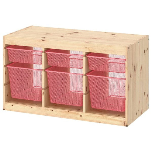 TROFAST - Storage combination with boxes, light white stained pine/light red, 93x44x52 cm