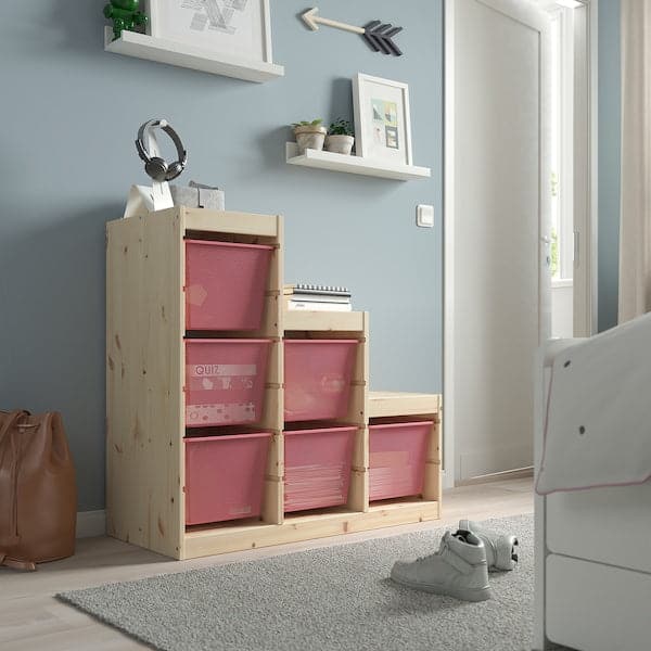 TROFAST - Storage combination with boxes, light white stained pine/light red, 94x44x91 cm - best price from Maltashopper.com 59477910