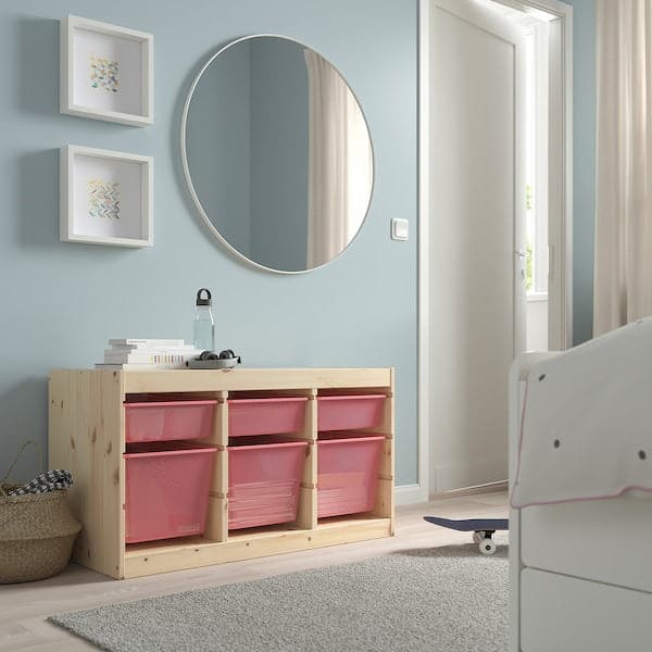 Ikea TROFAST - Storage combination with boxes, light white stained pine/light red, 93x44x52 cm
