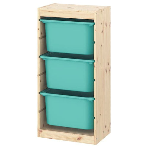 TROFAST - Storage combination with boxes, light white stained pine/turquoise , 44x30x91 cm