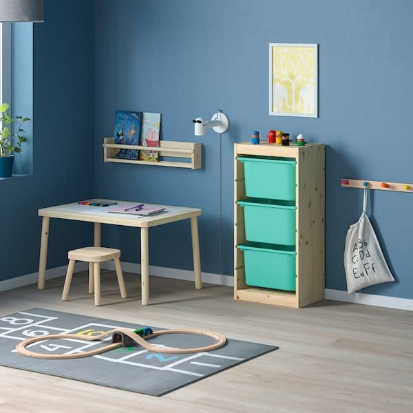 TROFAST - Storage combination with boxes, light white stained pine/turquoise, 44x30x91 cm - best price from Maltashopper.com 79329693