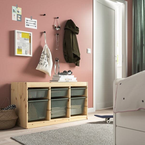 Ikea TROFAST - Storage combination with boxes, light white stained pine/light green-grey, 93x44x52 cm