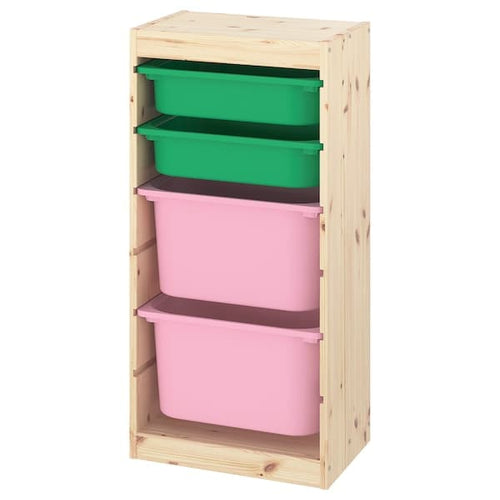 TROFAST - Storage combination with boxes, light white stained pine green/pink, 44x30x91 cm