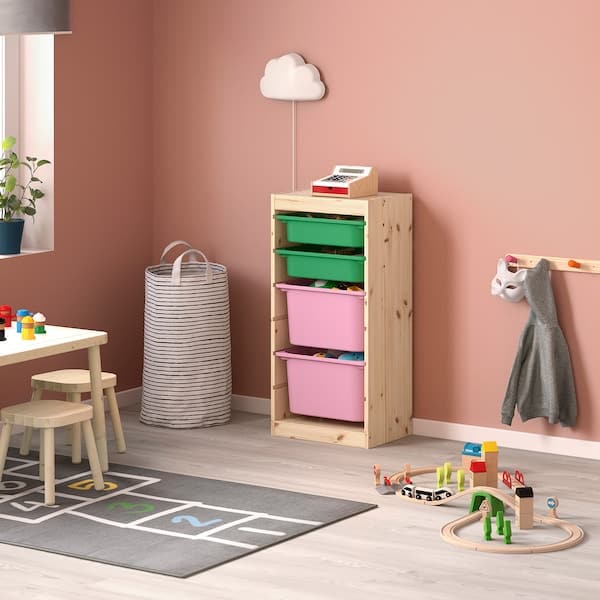 TROFAST - Storage combination with boxes, light white stained pine green/pink