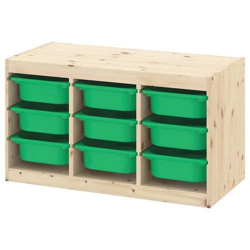 TROFAST - Storage combination with boxes, light white stained pine/green, 93x44x52 cm