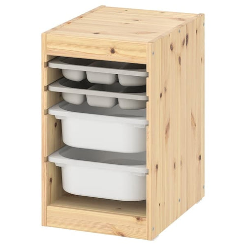TROFAST - Storage combination w boxes/trays, light white stained pine grey/white, 32x44x52 cm