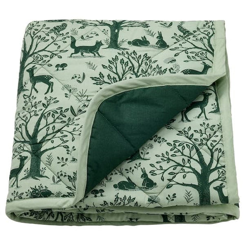 TROLLDOM - Quilted blanket, forest animal pattern/green, 96x96 cm