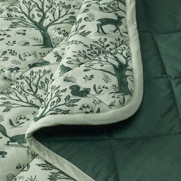 Ikea TROLLDOM - Quilted blanket, forest animal pattern/green, 96x96 cm