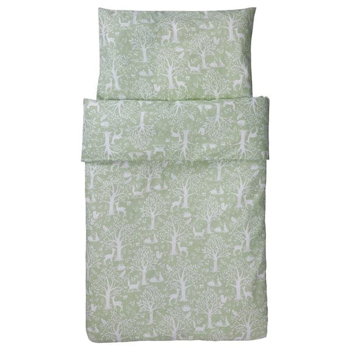 TROLLDOM - Duvet cover 1 pillowcase for cot, forest animal pattern/green, 110x125/35x55 cm