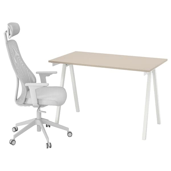 TROTTEN / MATCHSPEL - Desk and chair, beige/white light grey ,