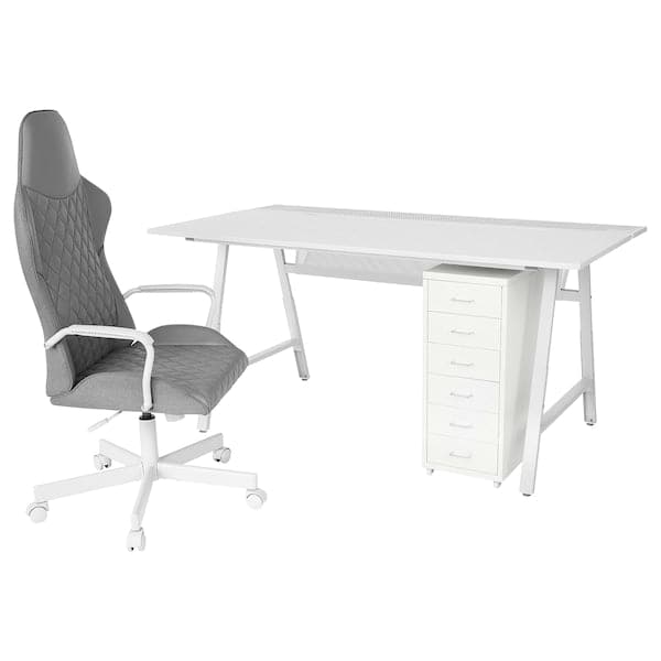 UTESPELARE / HELMER Desk, chair and chest of drawers - light grey grey/white