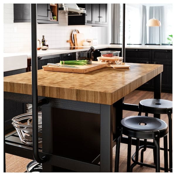 VADHOLMA - Kitchen island with rack, black/oak, 126x79x193 cm - best price from Maltashopper.com 59276228