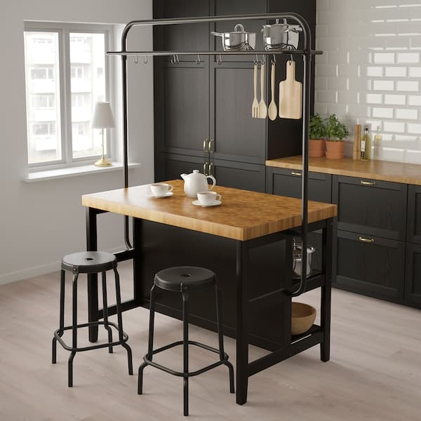 Ikea VADHOLMA - Kitchen island with rack, black/oak, 126x79x193 cm