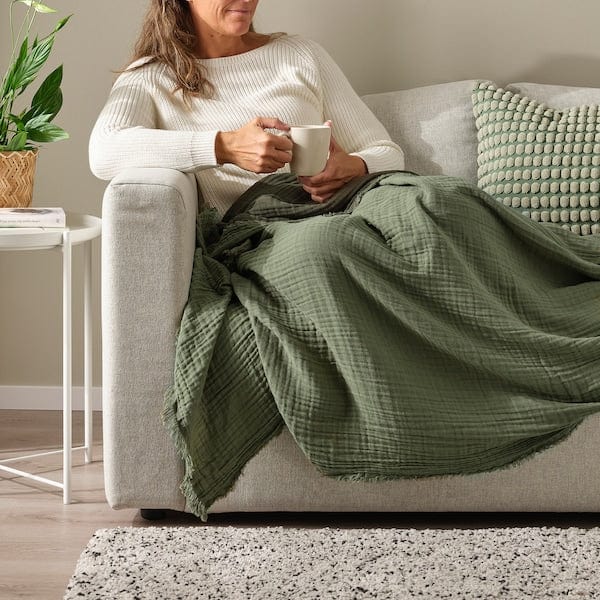 Ikea VALLKRASSING - Throw, grey-green, 150x200 cm