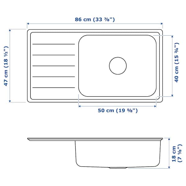 VATTUDALEN - Inset sink, 1 bowl with drainboard, stainless steel, 86x47 cm - best price from Maltashopper.com 29158189