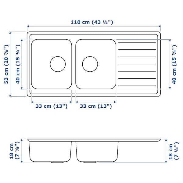 VATTUDALEN - Inset sink, 2 bowls with drainboard, stainless steel, 110x53 cm - best price from Maltashopper.com 09158190