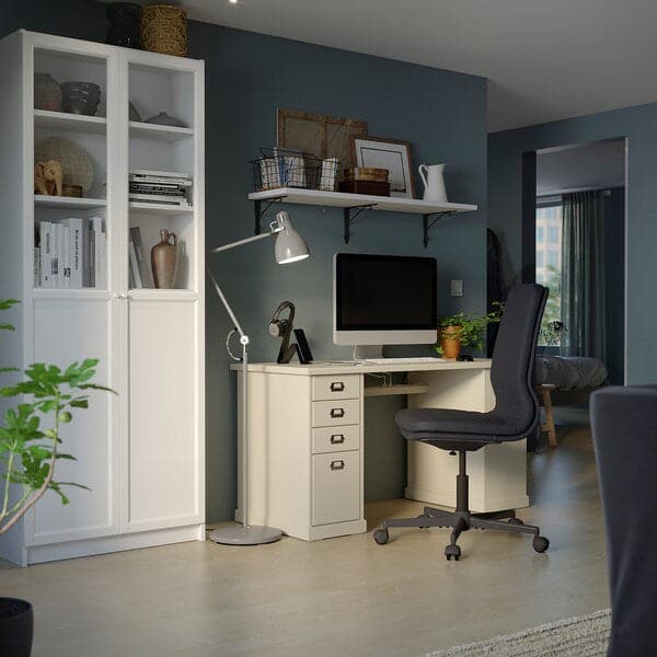 VEBJÖRN/MULLFJÄLLET / BILLY/OXBERG Desk/storage element - and swivel chair beige/grey/white
