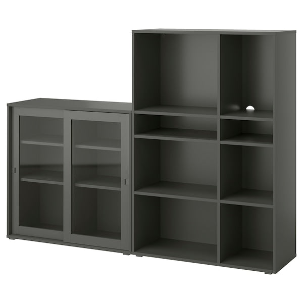 VIHALS - Storage combination w glass doors, dark grey/clear glass, 190x37x140 cm