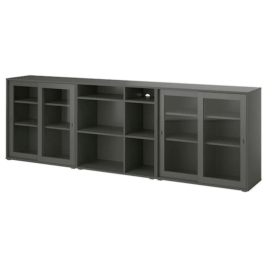 Ikea VIHALS - Storage combination w glass doors, dark grey/clear glass, 285x37x90 cm
