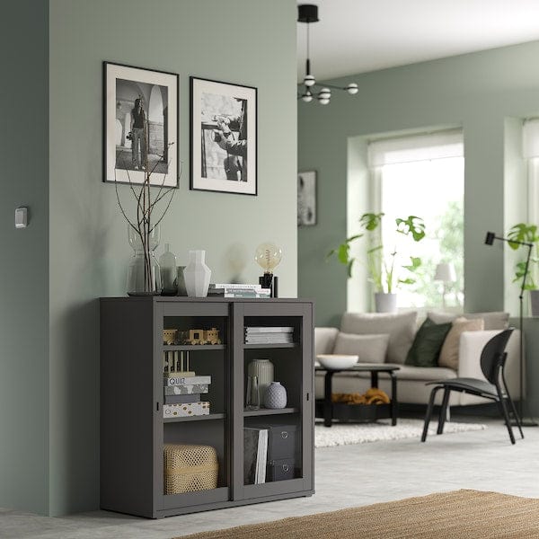 Ikea VIHALS - Cabinet with sliding glass doors, dark grey, 95x37x90 cm