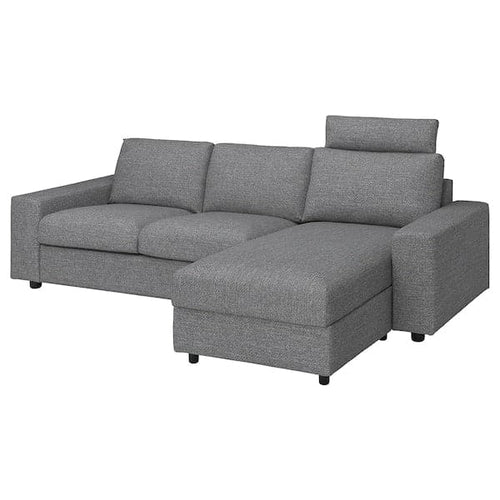 VIMLE - 3-seater sofa with chaise-longue, wide armrests with headrest/Lejde grey/black ,
