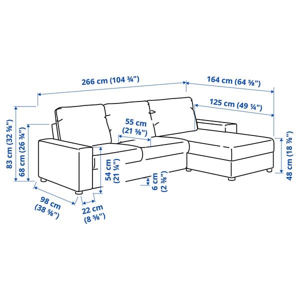 Ikea VIMLE 3 seater sofa with chaise-longue - with wide armrests Gunnared/smoke grey ,