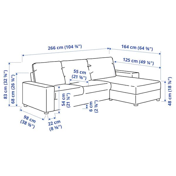Ikea VIMLE 3 seater sofa with chaise-longue - with wide armrests/Hallarp grey ,