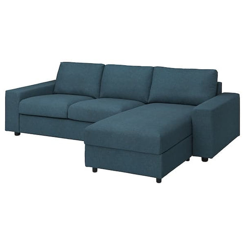 VIMLE - 3-seater sofa with chaise-longue, with wide armrests/Hillared dark blue ,