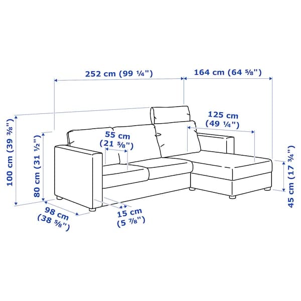 Ikea VIMLE 3-seater sofa - with chaise-longue with headrest/Grann/Bomstad black ,