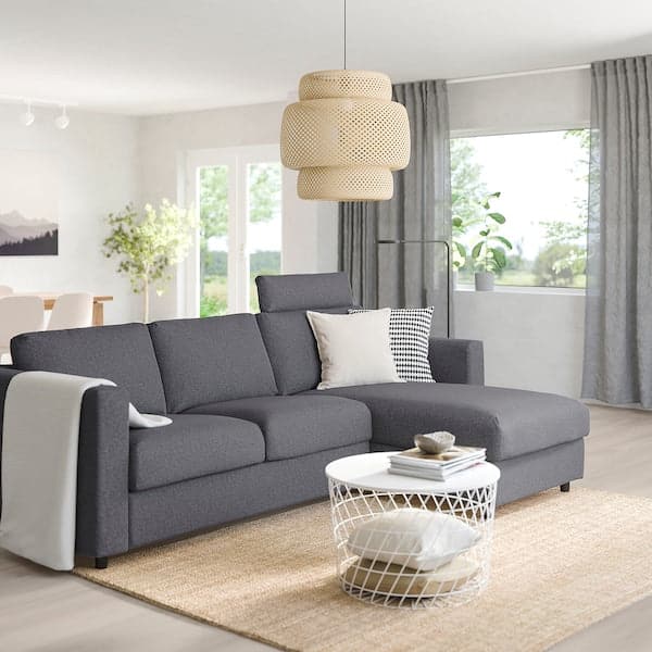 VIMLE 3-seater sofa with chaise-longue - with headrest/gunnared smoke grey , - best price from Maltashopper.com 59399106
