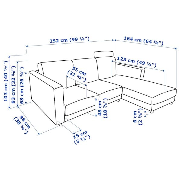 VIMLE - 3-seater sofa with chaise-longue and headrest/Lejde grey/black , - best price from Maltashopper.com 39434399